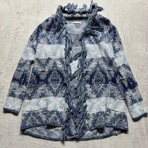 American Eagle Womens L Blue Fringe Open Front Cardigan Sweater Fair Isle Nordic